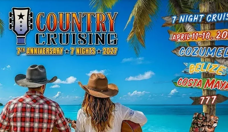Country Cruising 2027 promotional poster featuring a couple overlooking the sea.