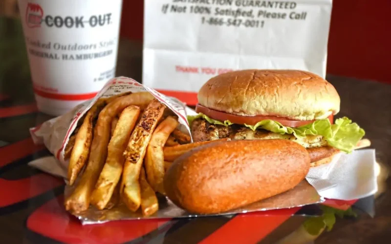 Cook Out burger, fries and drink served on a tray