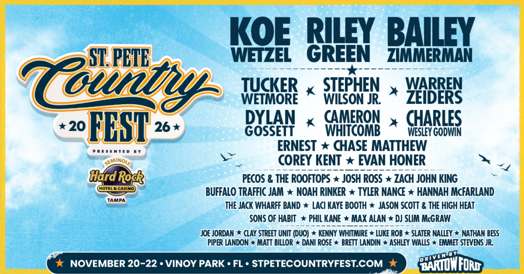 St. Pete Country Fest 2026 lineup poster with Koe Wetzel, Riley Green and Bailey Zimmerman