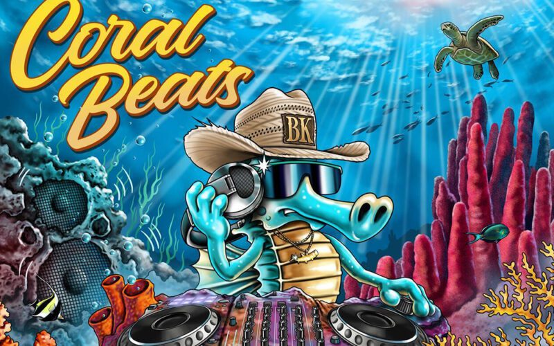 Coral Beats artwork showing a cartoon seahorse in a cowboy hat among coral