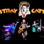 Stray Cats performing on stage beneath the band's logo