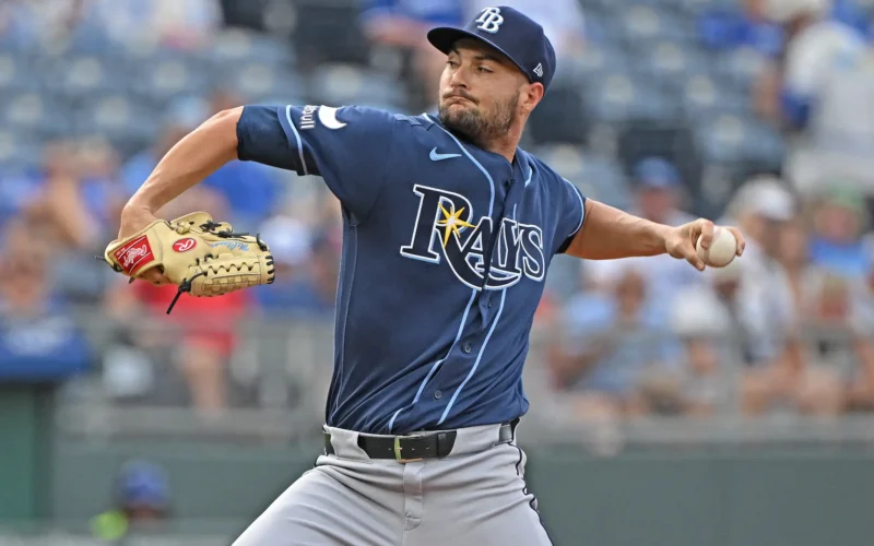 Tampa Bay Rays pitcher Shane McClanahan throwing a baseball