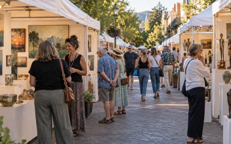 Visitors explore paintings, ceramics and sculpture at an outdoor art show