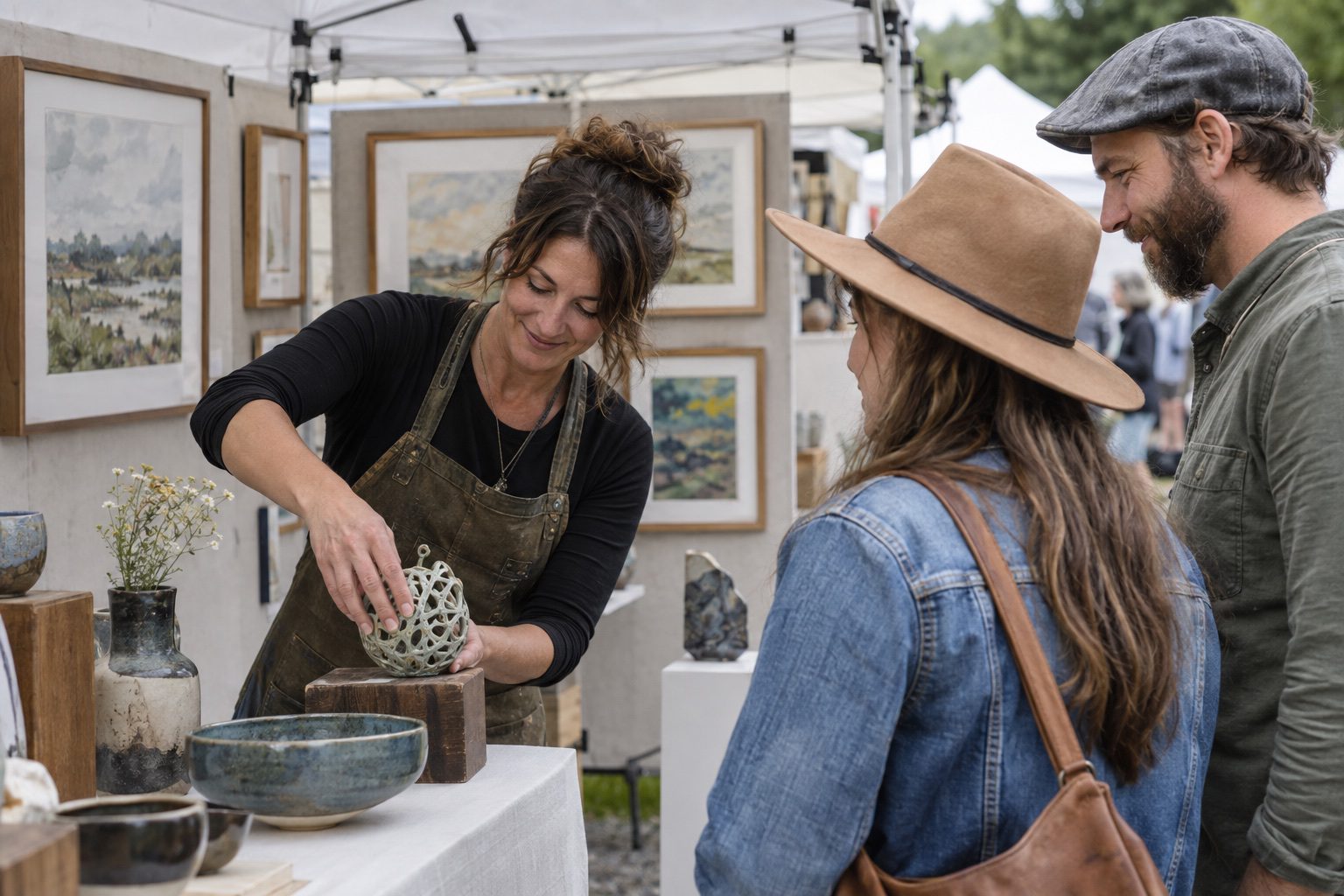 An artist discusses a sculptural piece with visitors in an outdoor art-show booth