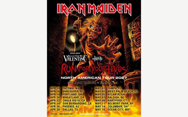 Official Iron Maiden Run For Your Lives 2027 North American tour poster.