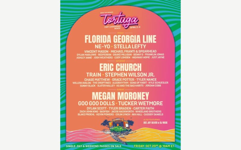 Official Tortuga Music Festival 2027 lineup poster naming Eric Church, Florida Georgia Line and Megan Moroney.
